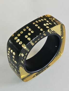 Rare Vintage Luxury Designer Black Yellow Greek Key Lucite Bangle Bracelet